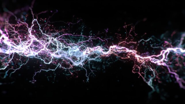 Colorful electric currents moving through the dark space create a vibrant display of energy and light