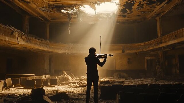 Lone Violinist Playing a Haunting Melody in a Ruined Theater.