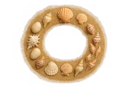 Seashells in sand forming circular frame, collecting summer beach objects, top view, transparent background