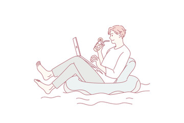 Relaxed man swim on inflatable ring work online on laptop at home lockdown or quarantine. Calm male employee downshifting in swimming pool. Distant job concept. Vector illustration.