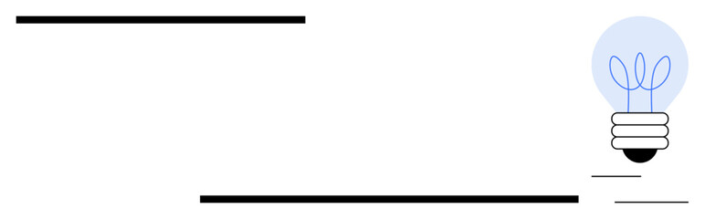 Glowing light bulb with sprout inside, surrounded by simple lines. Ideal for ideas, growth, creativity, sustainability, innovation, eco-awareness education. Perfect simple flat metaphor