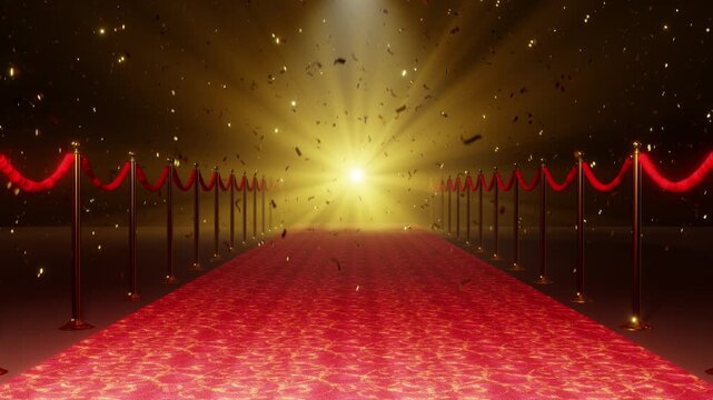 Red carpet with falling gold confetti. 4K 3D loop animation