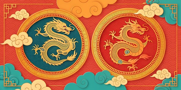 Two traditional Chinese dragon emblems in circular frames, set against a red background with decorative clouds and traditional patterns, symbolizing power and good fortune.