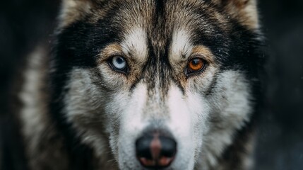 Obraz premium Unique husky displaying striking blue and amber eyes with a snowy landscape backdrop during cloudy weather