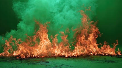 Flames dance in a controlled environment with vibrant green background and billowing smoke during a special effects demonstration event