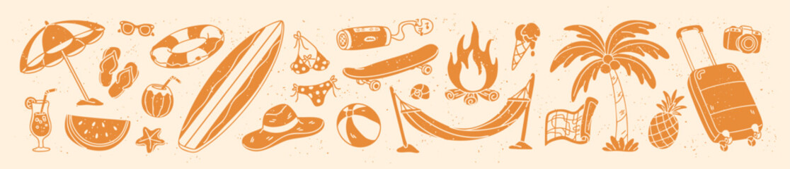 Summer vacation items set. Textured orange elements of sea resort holidays. Bikini, surfboard, inflatable circle, cocktails and palm tree in tropical travel. Flat isolated outline vector illustration