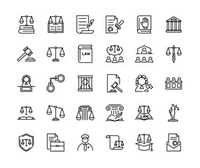 Collection of minimalist line icons representing various aspects of law and the legal system.