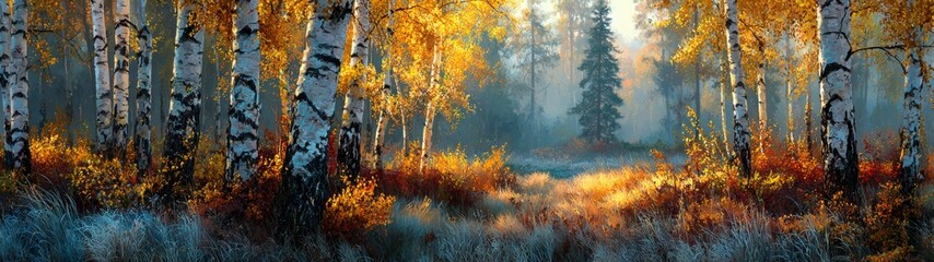 Fototapeta premium Nature's golden blanket: an enchanting birch grove in early frost. Majestic beauty. Golden birch alley by road: autumn's quiet elegance with frozen grass. Stylish concept. Fashion editorial.