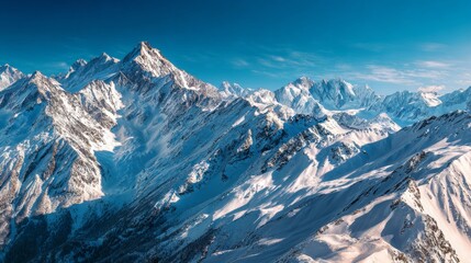 Obraz premium Sunlit slopes: capturing the magic of dombay's early snows. Fantasy poster. First snow dusts dombay mountains, a gentle winter awakens. Visual poster. Adventure poster.