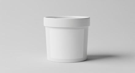 White ice cream container with a blank label, mockup product shot, for custom design placement, standing against a white background in studio lighting.