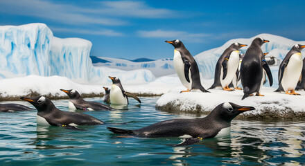 Fototapeta premium Gentoo penguins standing and swimming in blue water, with iceberg scenery background, showcasing their black and white plumage and orange beaks, under a cloudy sky.
