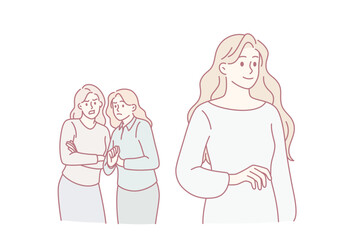Female group chatting gossip concept. Two interested girls friends standing discussing walking by blonde lady vector illustration