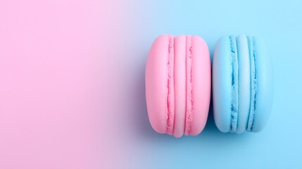 Delicate macarons sit side by side, one a soft pink and the other a light blue, displaying their smooth outer shells and creamy filling. This sweet treat invites indulgence