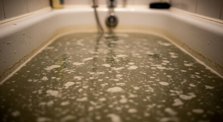 Dirty bathtub filled with murky water and white soap bubbles, showing neglect, grime buildup, and needing a thorough cleaning.