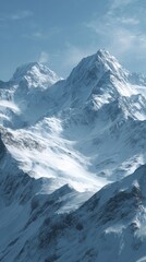Obraz premium First flakes on mountain peaks: winter's serene arrival. Clean retouch. Dombay's pristine slopes glint in the sun's warming rays. Luxury style. Studio portrait.