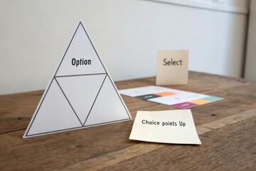 Conceptual paper triangle with Option label and choice notes displayed on a wooden table