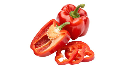 Fresh red bell pepper cut open with slices isolated on transparent background