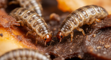 Mole cricket nymphs crawl on damp organic material in a macro studio shot, featuring detailed exoskeletons and segmented bodies in an earthy-toned environment.