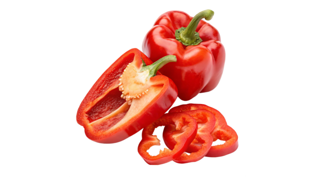 Fresh red bell pepper cut open with slices isolated on transparent background