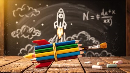 Creative Rocket Made of Pencils and Brush on Wooden Table with Blackboard Background. Back to School Theme Still Life. Education Concept in Warm Light. Childhood Learning Inspiration Still - Powered by Adobe
