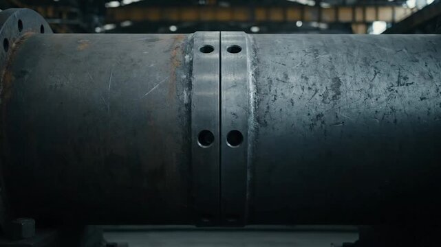 Two large metal pipes joined by flanges in a factory setting