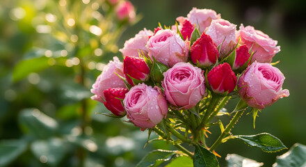 Obraz premium Romantic pink rose bouquet illuminated by soft sunlight in a natural setting
