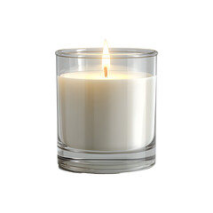 Lit white soy candle in transparent glass jar, isolated on transparent background