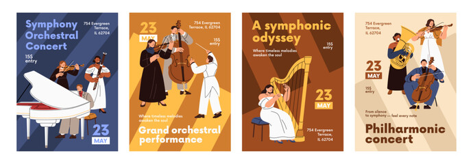 Symphony orchestra event posters set. Advertising templates design of symphonic concert of classical music. Promotion of philharmonic performance with musicians on layout. Flat vector illustrations