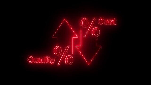 neon Quality and cost control concept, Percentage icon of quality with up arrow and cost with down, Successful organization strategy and management quality control with black background.