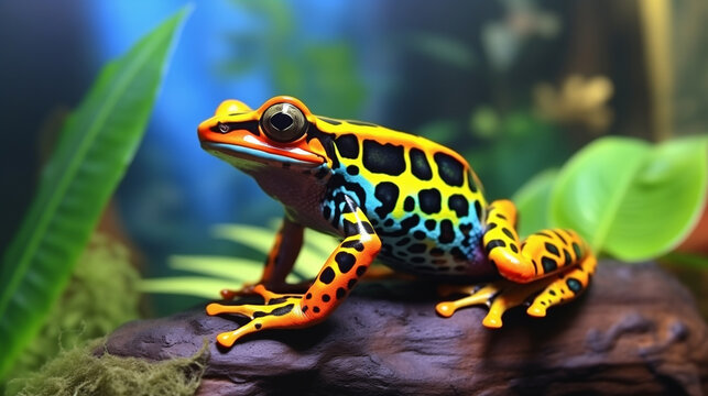 A green amphibian frog on a leaf, ground, or in a pond, showcasing macro wildlife nature close-up - Powered by Adobe