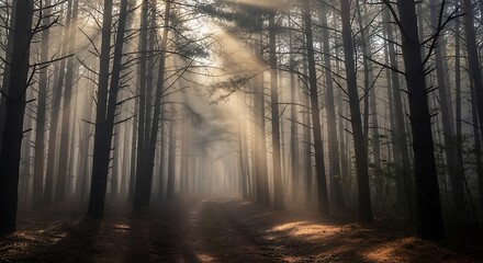 Autumn sun peeking through the misty forest trees on a morning path