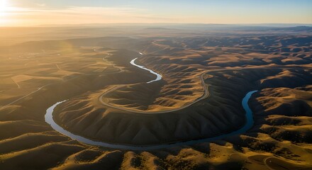 High aerial view of the river and desert landscape under