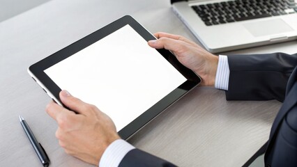 A businessman holds a tablet with a blank screen on a desk, accompanied by a pen and a laptop in the background, suggesting a professional environment.