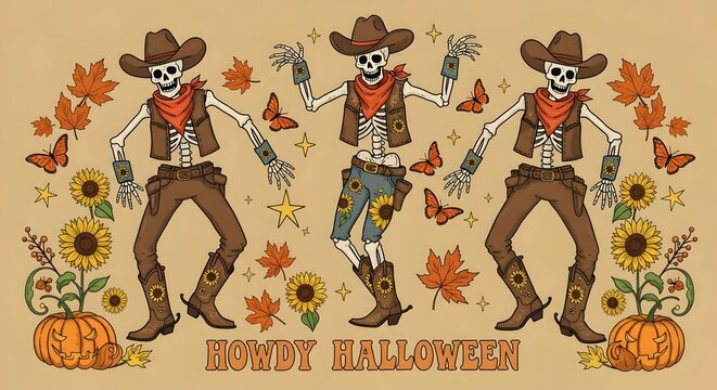 dancing skeleton cowboys wearing western hats, boots,  accessories Halloween banner background template, background