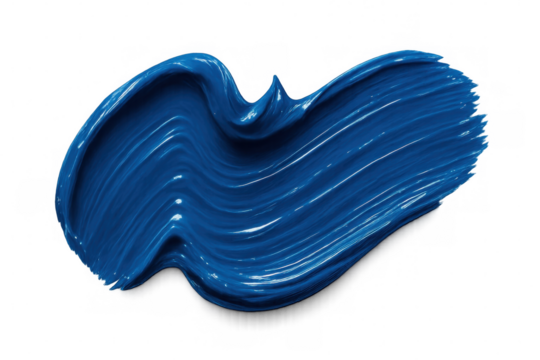 Blue paint swatch with glossy acrylic texture creating a wavy brush stroke on a transparent background