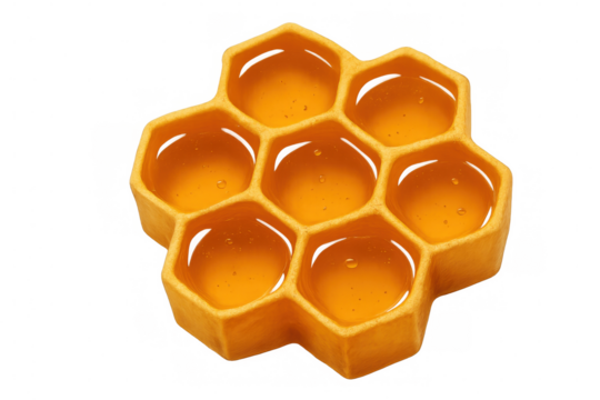 Golden honey filling hexagonal honeycomb cells, a sweet natural food pattern on transparent background
