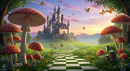 Alice in Wonderland theme poster, a Checkered Path. Magical Animation Footage, Motion Graphics, Fantasy Landscape with Mushrooms, Castle, Butterflies, Background, wallpaper