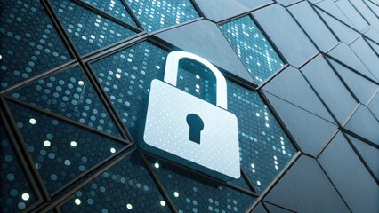 A digital lock icon set against a textured blue background, symbolizing security and protection in a modern technological context.