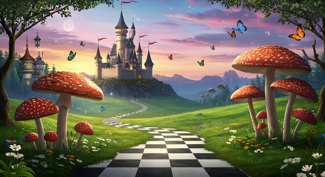 Alice in Wonderland theme poster, a Checkered Path. Magical Animation Footage, Motion Graphics, Fantasy Landscape with Mushrooms, Castle, Butterflies, Background, wallpaper