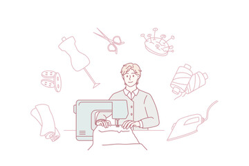 Man dressmaker work on sewing machine design new clothes line in workshop. Smiling male designer or tailor work in fashion atelier or studio. Style, dressmaking concept. Vector illustration.