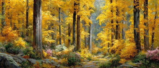 Fototapeta premium Journey through gold: unearthly light filters through the autumn canopy. Press photo. Golden bliss: an enchanting play of light in a verdant autumn park. Daily life. Pure emotion.