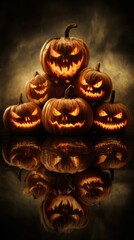 Mischievous glow: a haunted gathering of spooky halloween lanterns. Poster illustration. Mystical assembly: a group of sinister pumpkins with glowing orbs. Cinematic poster. Drama poster.