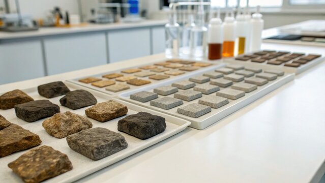 A collection of various stone samples arranged neatly on a table, alongside glass containers and bottles with liquids, likely for testing or display purposes.