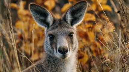 Kangaroo gazes curiously in autumn foliage during a sunny afternoon in the wild