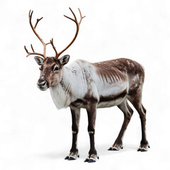 Fototapeta premium Illustration of reindeer with large antlers isolated on transparent background, standing gracefully in a snowy landscape, looking ahead transparent background