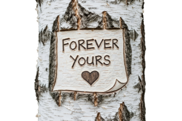 Romantic forever yours message with a heart carved into a tree isolated on transparent background