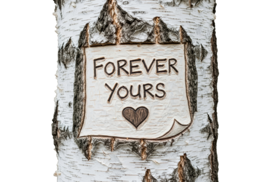 Romantic forever yours message with a heart carved into a tree isolated on transparent background