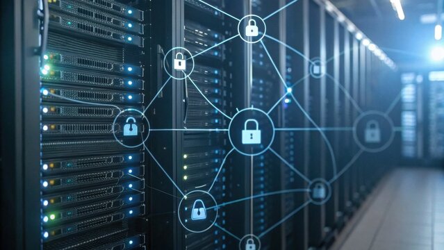 A data center with servers and a digital security network visualization, showcasing connectivity and protection in modern technology. - Powered by Adobe