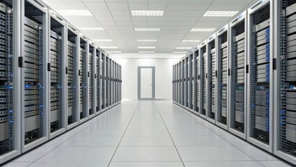 A modern data center with rows of servers lined up neatly, featuring a bright, well-lit environment and a door at the end of the aisle.