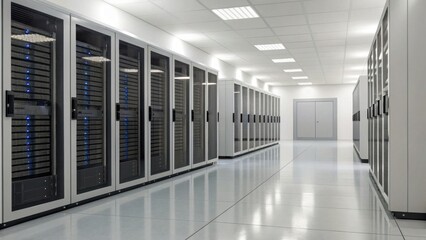 Naklejka premium A modern data center featuring rows of server racks, illuminated by bright overhead lights, showcasing a clean and organized technology environment.